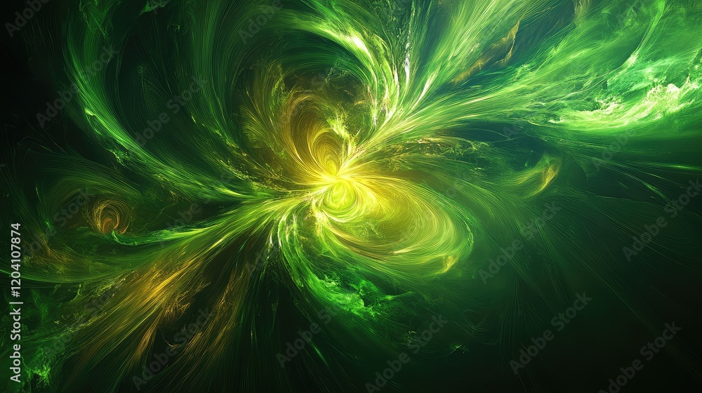 Poster abstract green fractal swirl background with bright yellow center and smooth flowing texture, ideal 