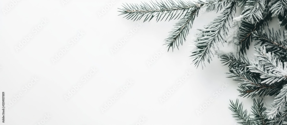 Poster green pine branches on white background with ample copy space for text.