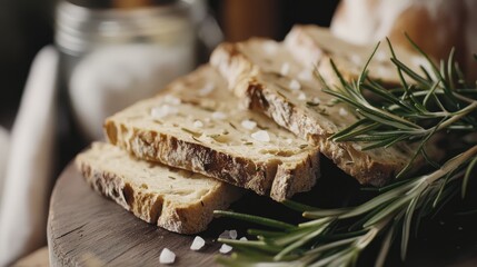Sliced artisanal bread on a wooden cutting board with fresh rosemary and sea salt, Copy Space for text placement
