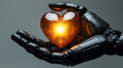 Robotic hands cradle a radiant heart, blending technology and emotion harmoniously