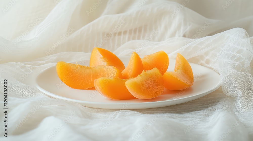 Poster sliced peach segments on a white plate with soft fabric background and copy space for text