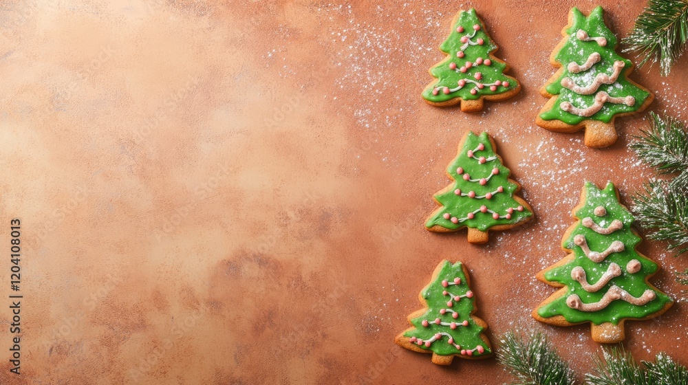 Poster christmas tree shaped cookies with green icing and decorations on a textured brown background with c