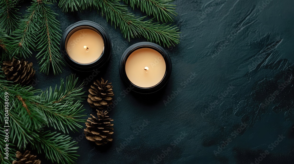 Poster candles with pine cones and evergreen branches on dark textured surface with copy space for text