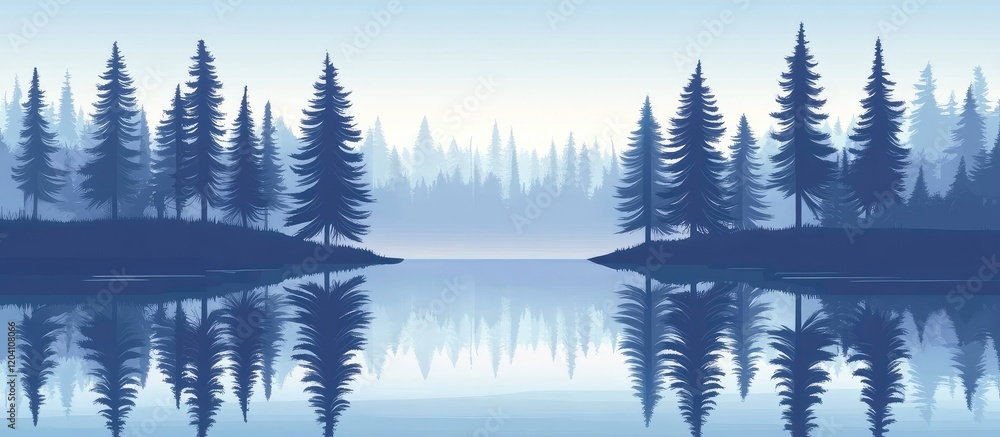 Poster calm forest landscape with reflection in water and pine trees at dawn with clear sky copy space