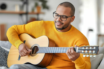 Obraz premium Man playing acoustic guitar in a bright living room