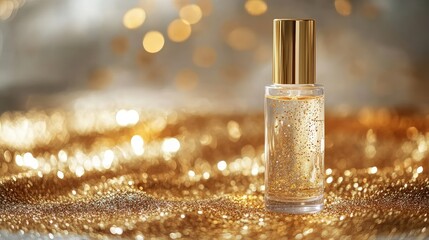 Transparent cosmetic bottle with golden glitter and a shiny gold cap on a sparkling golden background with copy space