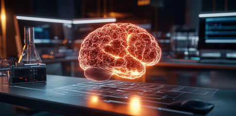 holographic brain displayed on futuristic desk, surrounded by advanced technology and laboratory equipment, evokes sense of innovation and exploration in neuroscience