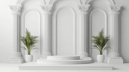 Elegant white architectural backdrop with columns and potted palms, featuring a circular platform and ample Copy Space.