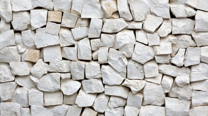 Fototapeta premium Textured white stone wall background with irregularly shaped stones arranged closely together Copy Space