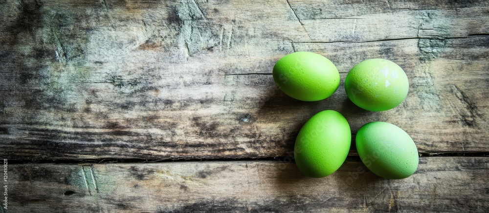 Poster green eggs arranged on a rustic wooden background with copy space for text or design elements