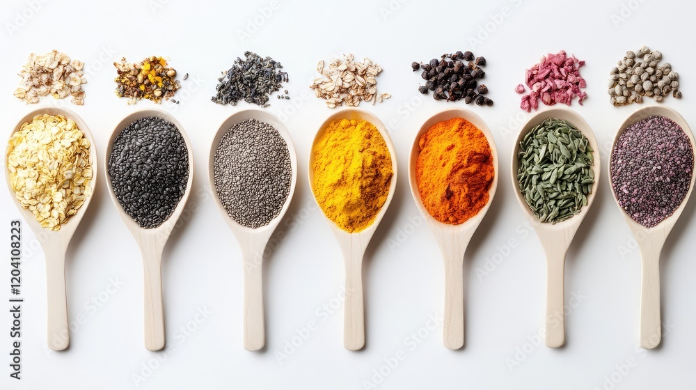 Poster variety of colorful spices and seeds in wooden spoons arranged in a line on a white background with 