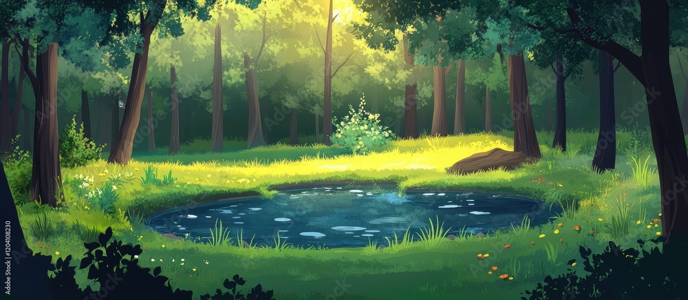 Aufkleber tranquil forest scene with a serene pond surrounded by lush greenery and soft sunlight filtering thr