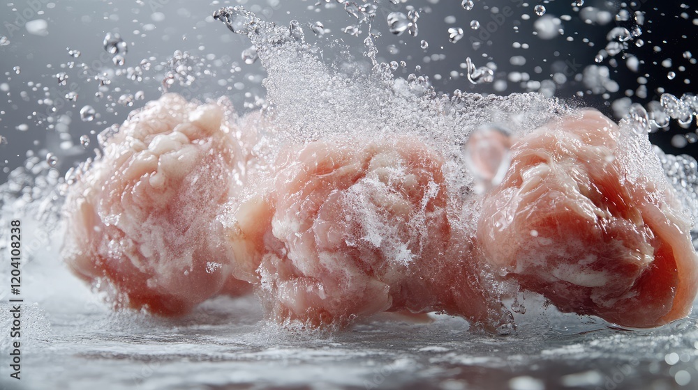 Poster raw chicken thighs splashing in water against a dark background with visible droplets and textures c