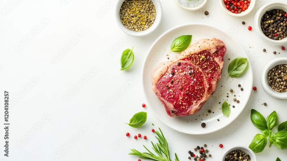 Aufkleber raw steak on a white plate surrounded by assorted spices and fresh basil leaves with copy space for 