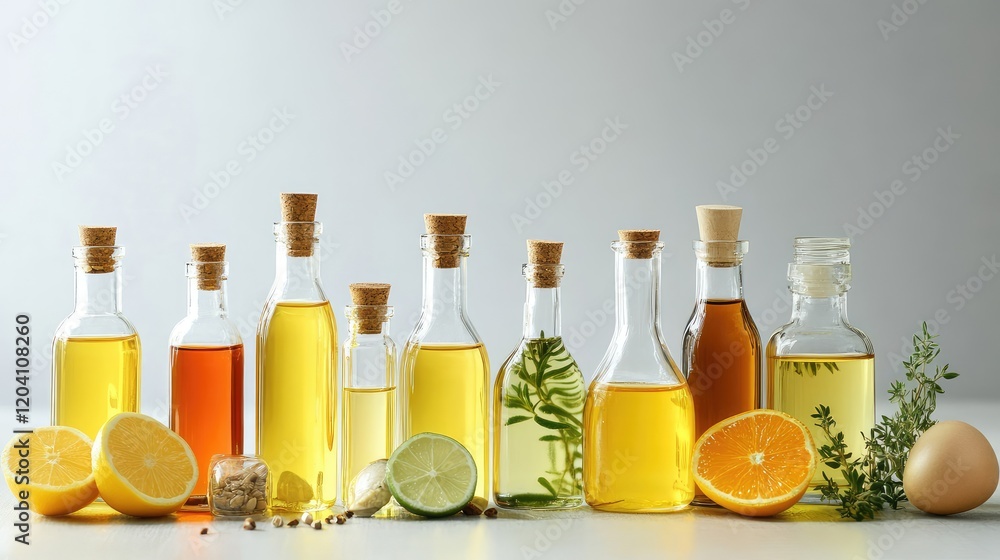 Poster assorted bottles of flavored oils and citrus fruits on a neutral background with copy space