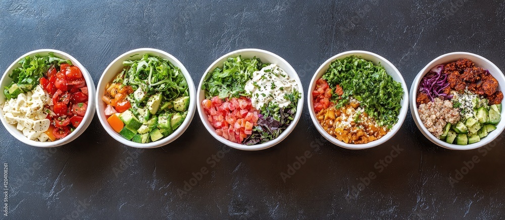 Poster fresh colorful bowls of salad with various vegetables arranged in a row on a dark textured surface w