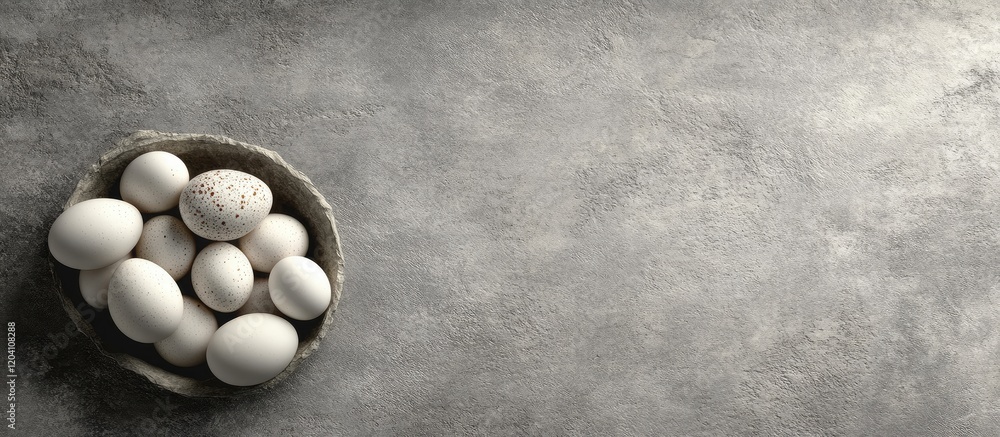 Poster bowl of assorted white eggs on textured gray surface with copy space for text placement