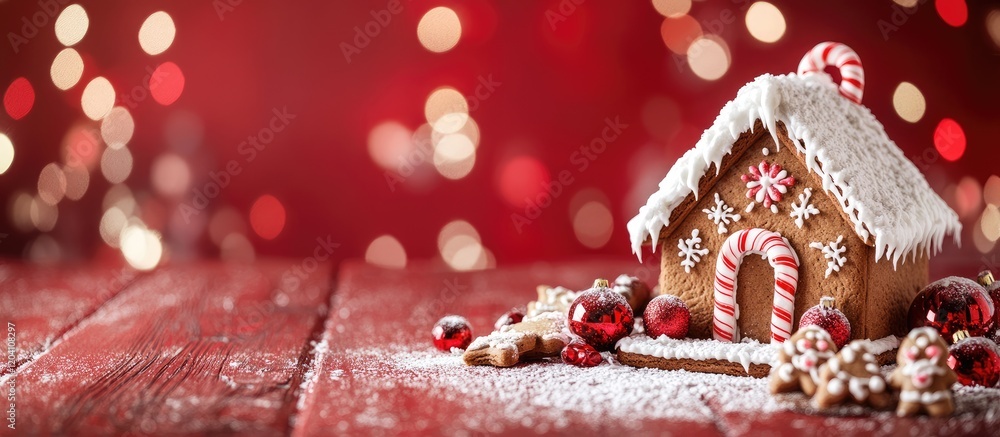 Aufkleber gingerbread house decoration with icing and candy on wooden table with festive bokeh background and 