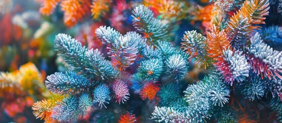 Colorful frost-covered evergreen branches with a blurred background and copy space for text.