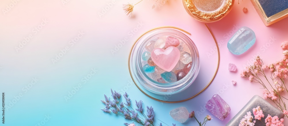 Aufkleber colorful flat lay composition of assorted crystals and dried flowers on a gradient background with c