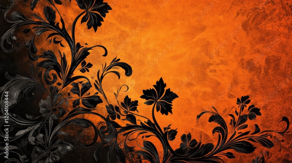 Poster black floral design on a textured orange background with ample copy space for text placement
