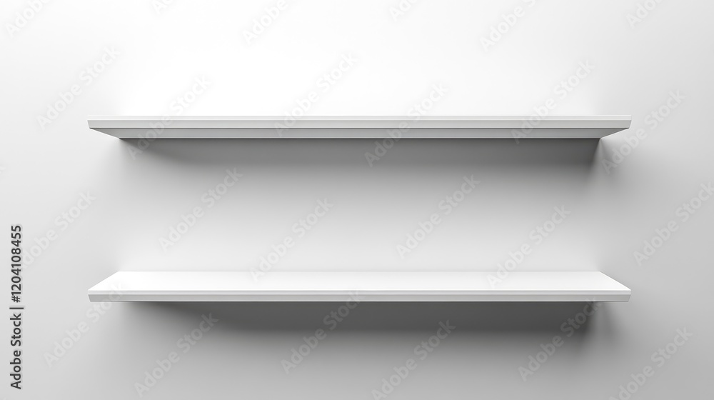 Poster minimalistic white shelves on a plain wall with ample copy space for text or graphics