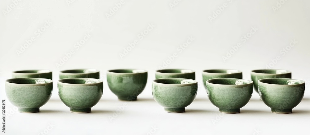 Poster set of twelve green ceramic tea cups arranged in two rows on a light background with ample copy spac