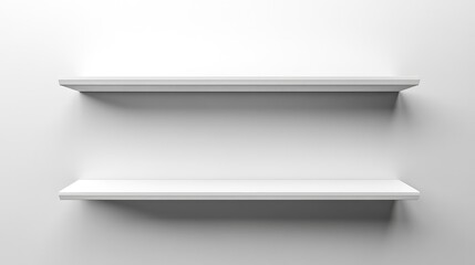 Minimalistic white shelves on a plain wall with ample copy space for text or graphics