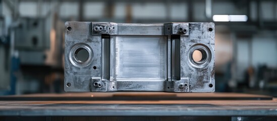 Industrial metal mold on a workbench with a blurred factory background Copy Space for manufacturing and engineering themes