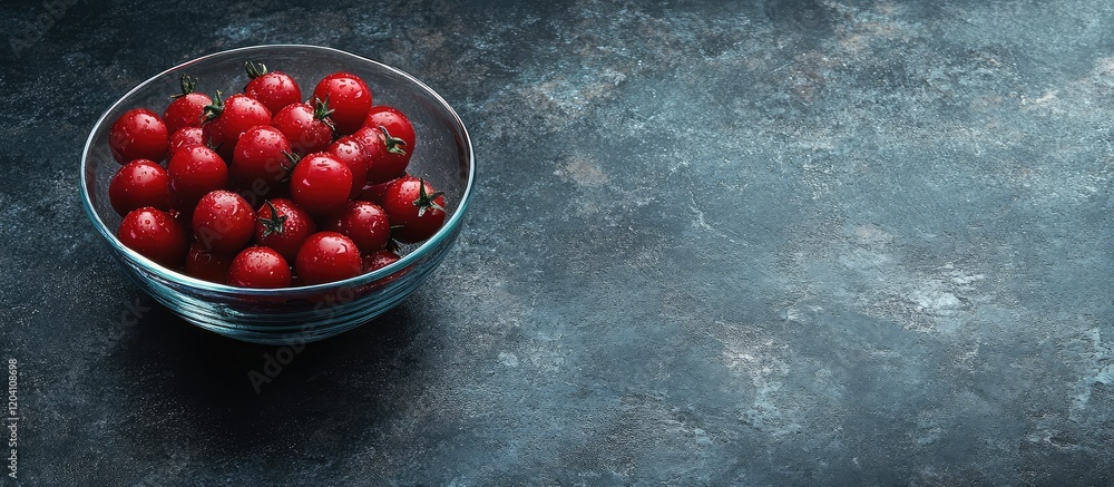 Poster fresh cherry tomatoes in a glass bowl on a textured dark background with ample copy space for text p