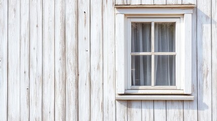 Obraz premium White wooden exterior wall with vintage window and curtain. Copy Space for text placement.