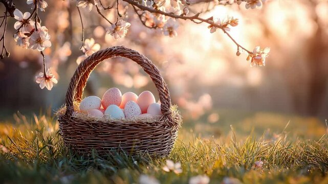 Woven basket of colorful easter eggs on grass in beautiful garden amidst blossom cherry tree in warm sunset light in spring.