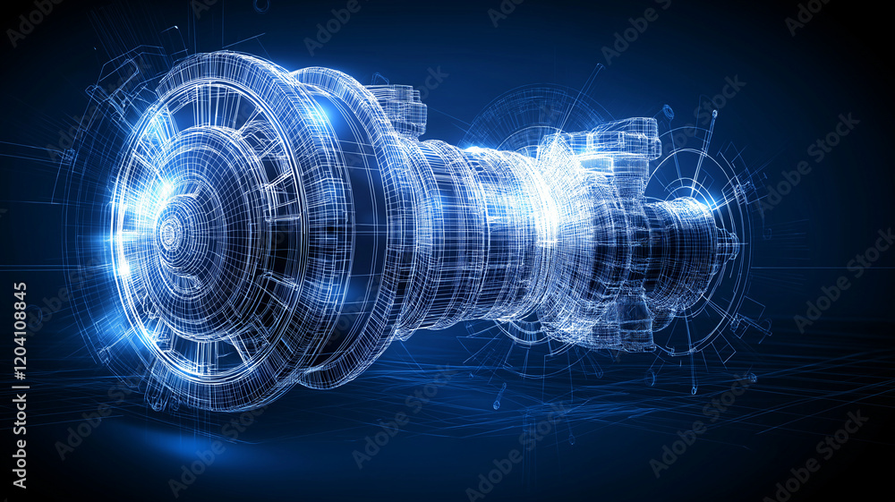 Poster detailed blueprint of industrial motor showcasing intricate designs and technical elements. image hi