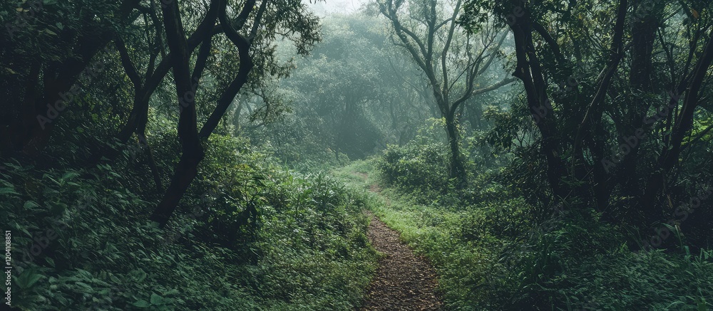 Aufkleber forest pathway surrounded by lush greenery and fog with copy space for text