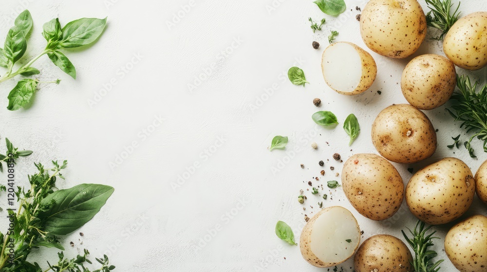Poster fresh potatoes with herbs and spices on a light background featuring ample copy space for text place