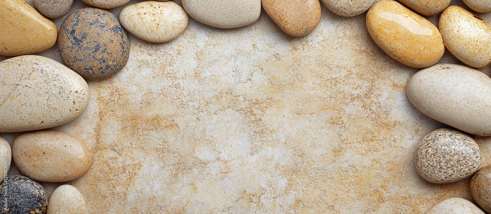 Poster pebbles and stones arranged in a decorative border on a textured background with copy space for text
