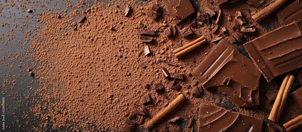 Poster chocolate pieces and cocoa powder scattered on a dark surface with copy space for text placement
