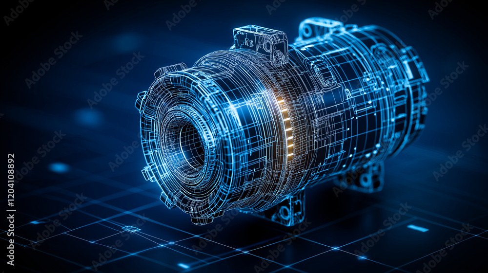 Poster detailed blueprint of industrial motor showcasing intricate designs and components, emphasizing its 
