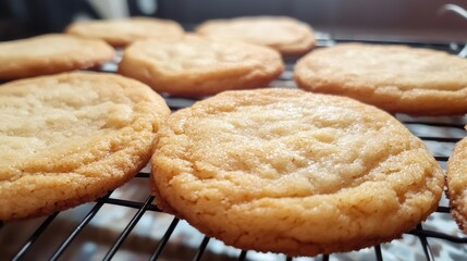 Freshly baked cookies cooling on a wire rack with soft texture and golden edges Copy Space