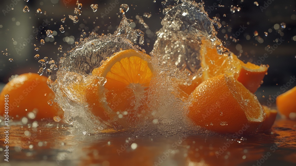 Poster fresh oranges splashing into water creating dynamic droplets and waves with copy space for text plac