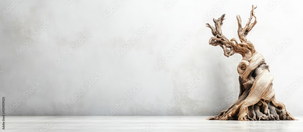 Poster unique artistic wood sculpture displayed against a neutral background with ample copy space for text