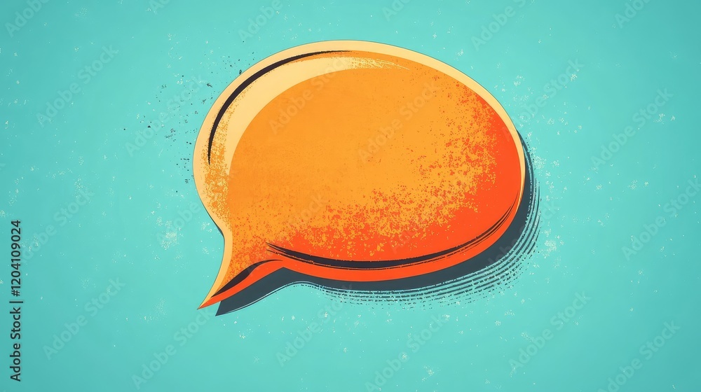 Poster orange speech bubble on a teal background with textured details and ample copy space for text insert