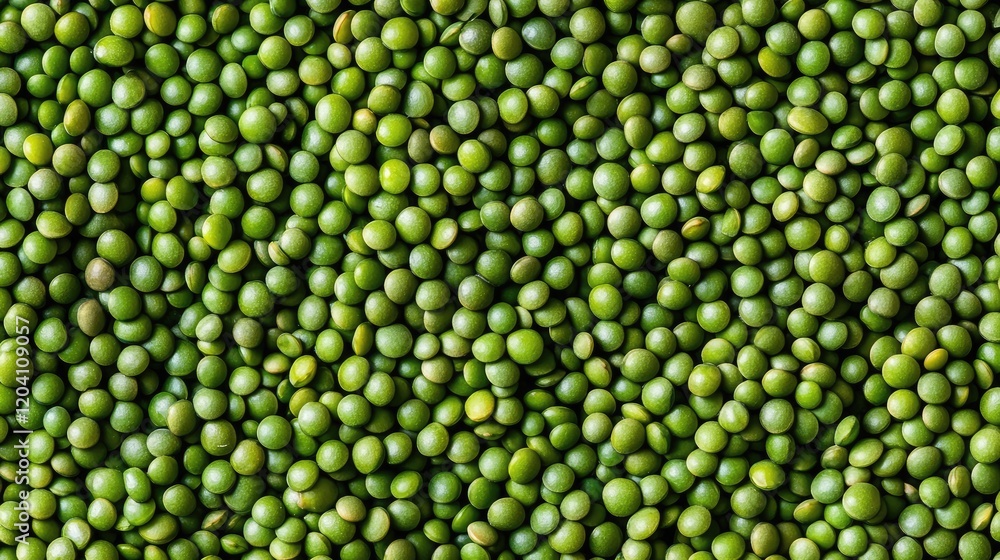 Poster close-up of a large quantity of green peas arranged in a uniform pattern with copy space for text pl