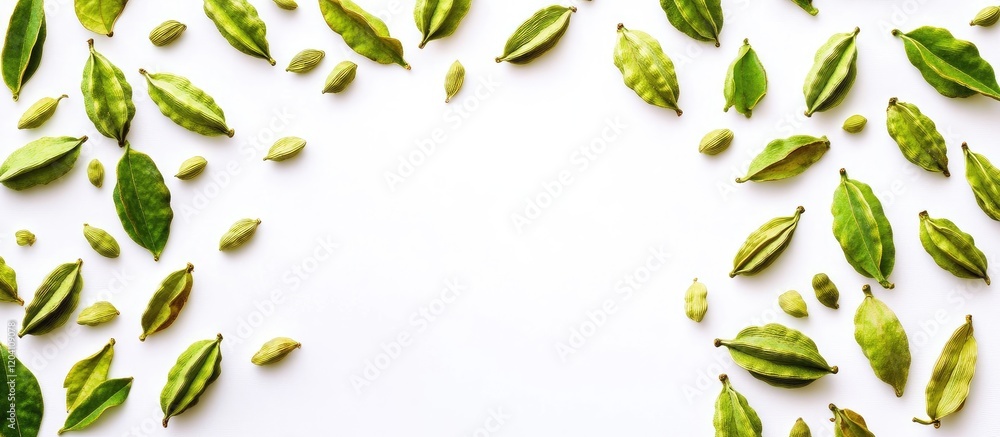 Poster green cardamom pods and leaves arranged in a circular pattern with copy space for culinary themes an