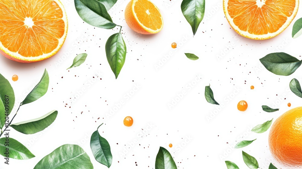 Poster fresh orange slices and green leaves on a white background with copy space for text or design elemen
