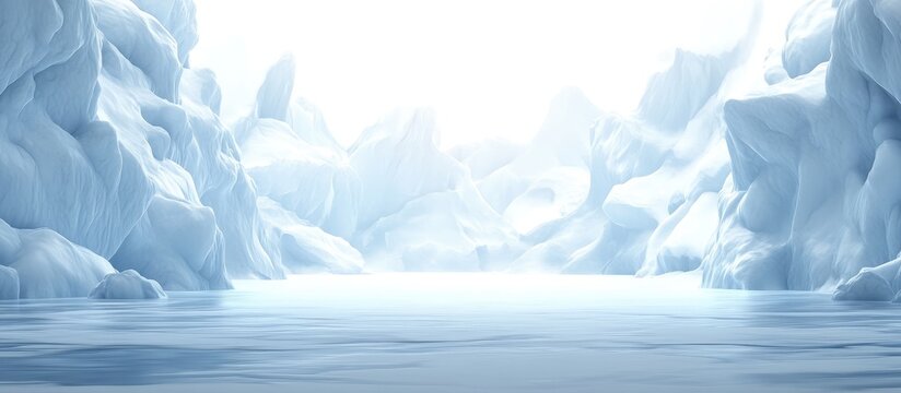 Glacial landscape with icebergs and frozen water under bright ambient light with Copy Space for text placement.