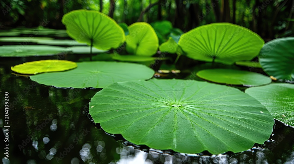 Poster large green lily pads floating on calm water in a forested pond surrounded by lush greenery with cop
