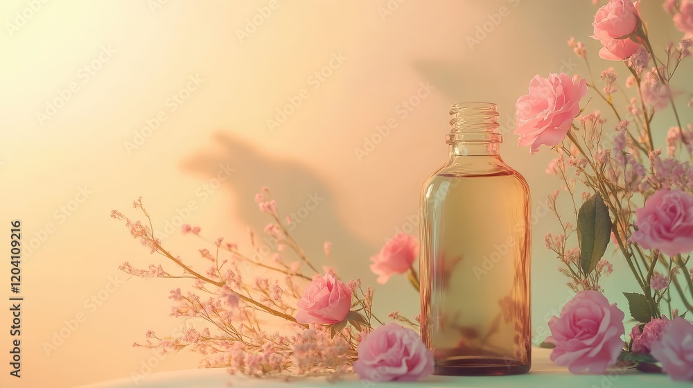 Poster glass bottle with pink roses and delicate flowers on a light background with soft shadows and copy s