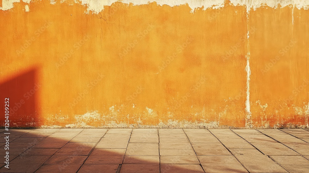 Poster textured orange wall with shadows and tiled flooring in an urban setting suitable for background use