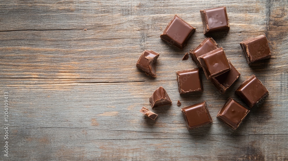 Poster chocolate squares on wooden background with copy space for text or design elements.